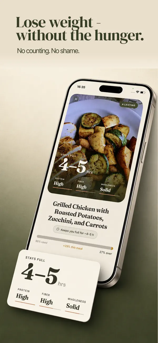 Meaple AI food scanner — meal scored for fullness: stays full 4–5 hours, high protein, high fiber