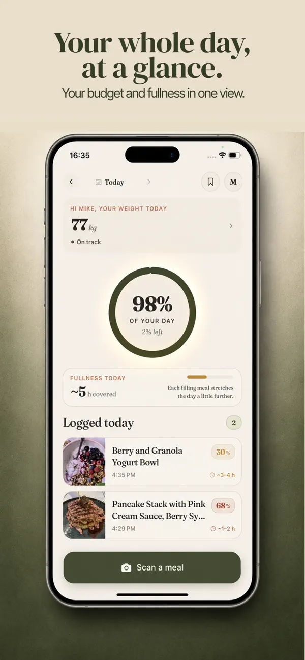 Daily points budget and fullness hours at a glance in the Meaple meal tracker